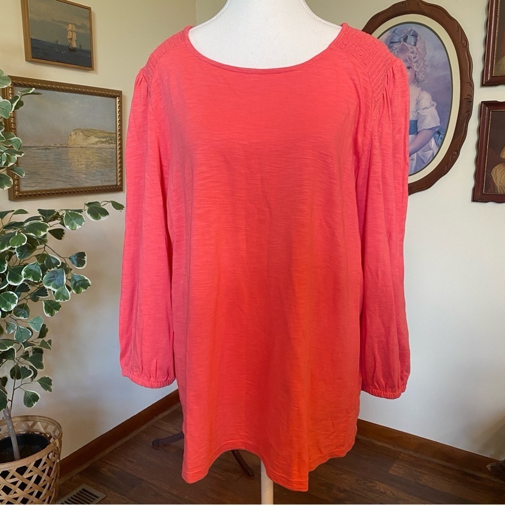 Crown & Ivy • Sorbet Coral Pink Smocked Shoulder Top • Women’s 1X • NWT